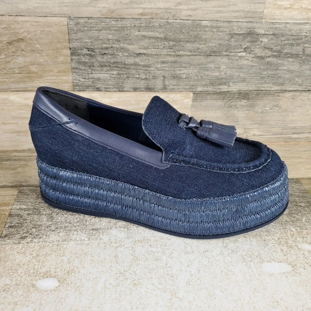 Franco Sarto Tremont Womens Platform Loafers Shoes Sz 7.5 M Denim Sabric Tassel